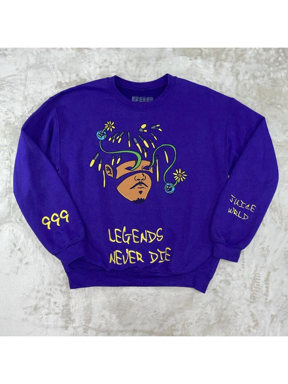 999 Juice WRLD “Legends Never Die” Purple Graphic Crewneck Pullover Sweatshirt M